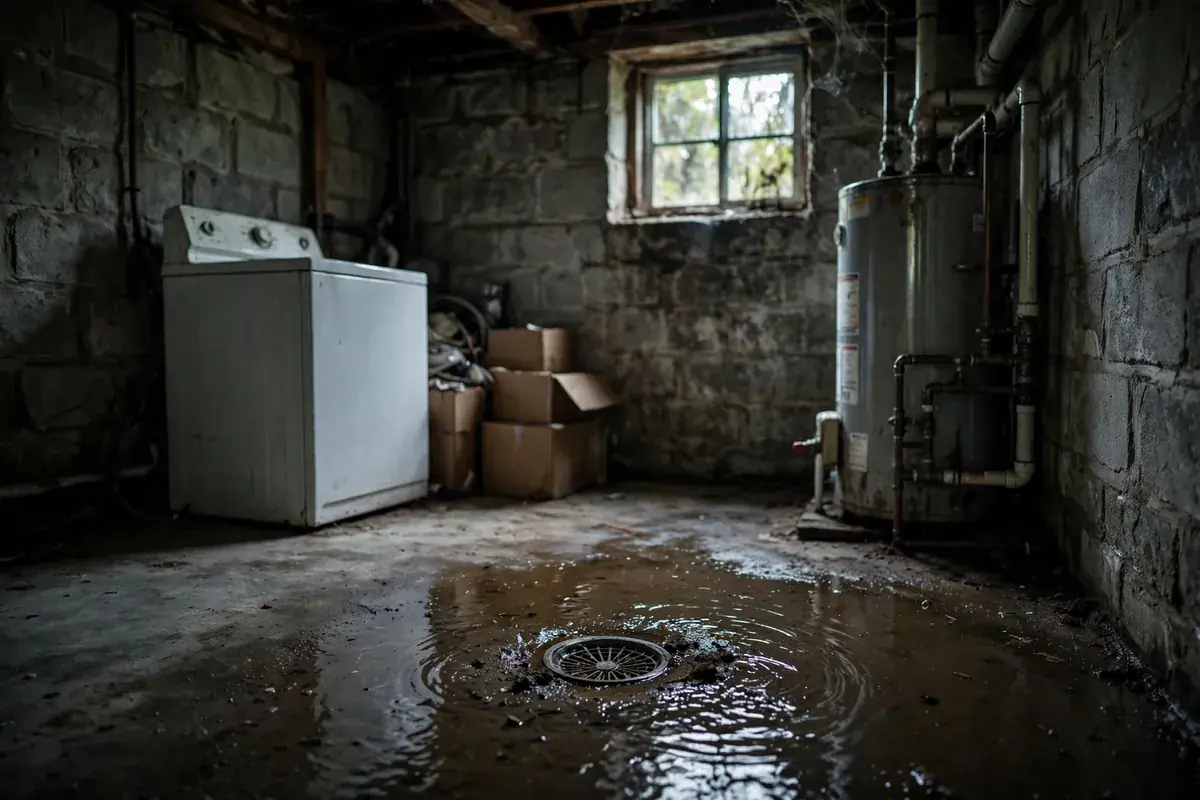 Dark basement with dirty water pooled around a floor drain during a sewer backup
