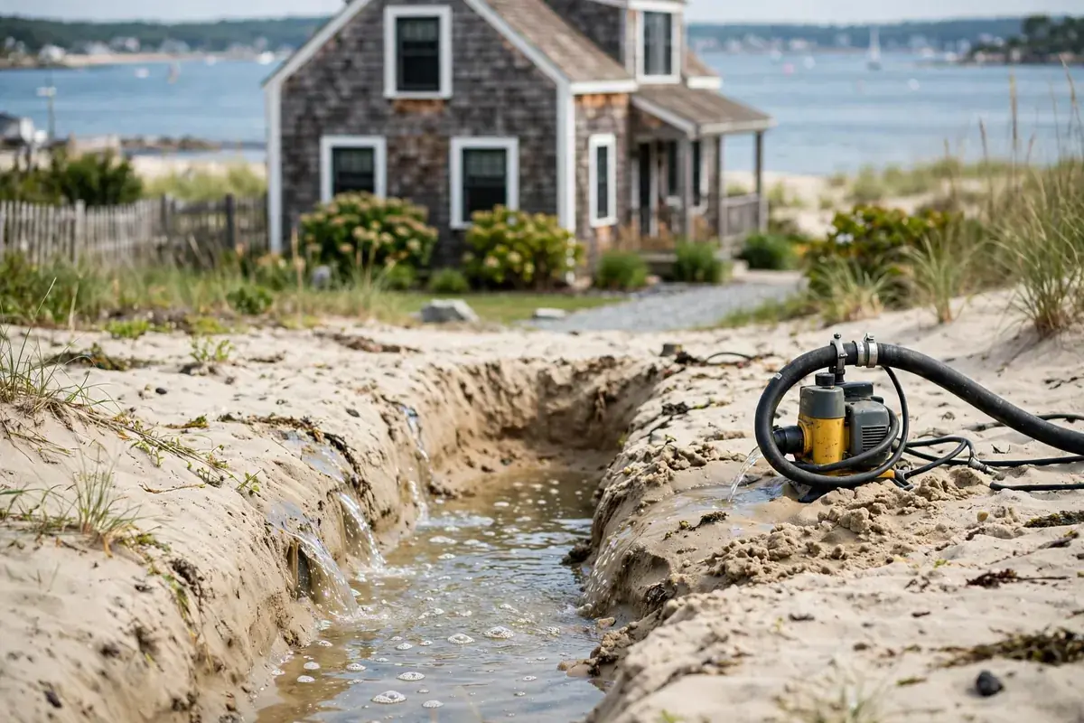 Shoreline trench in sandy soil filling with groundwater, with a dewatering pump beside it