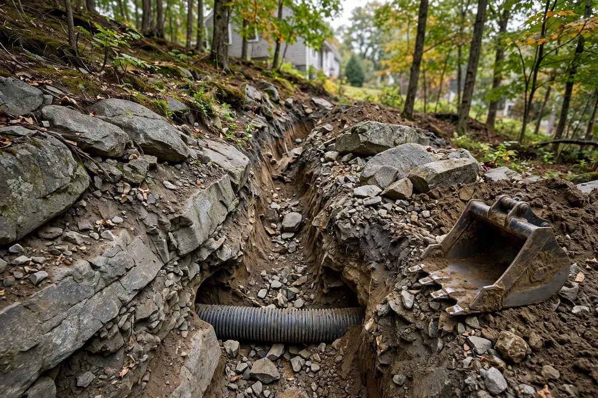 Sewer trench cut through boulders and rock ledge on a wooded Connecticut hillside
