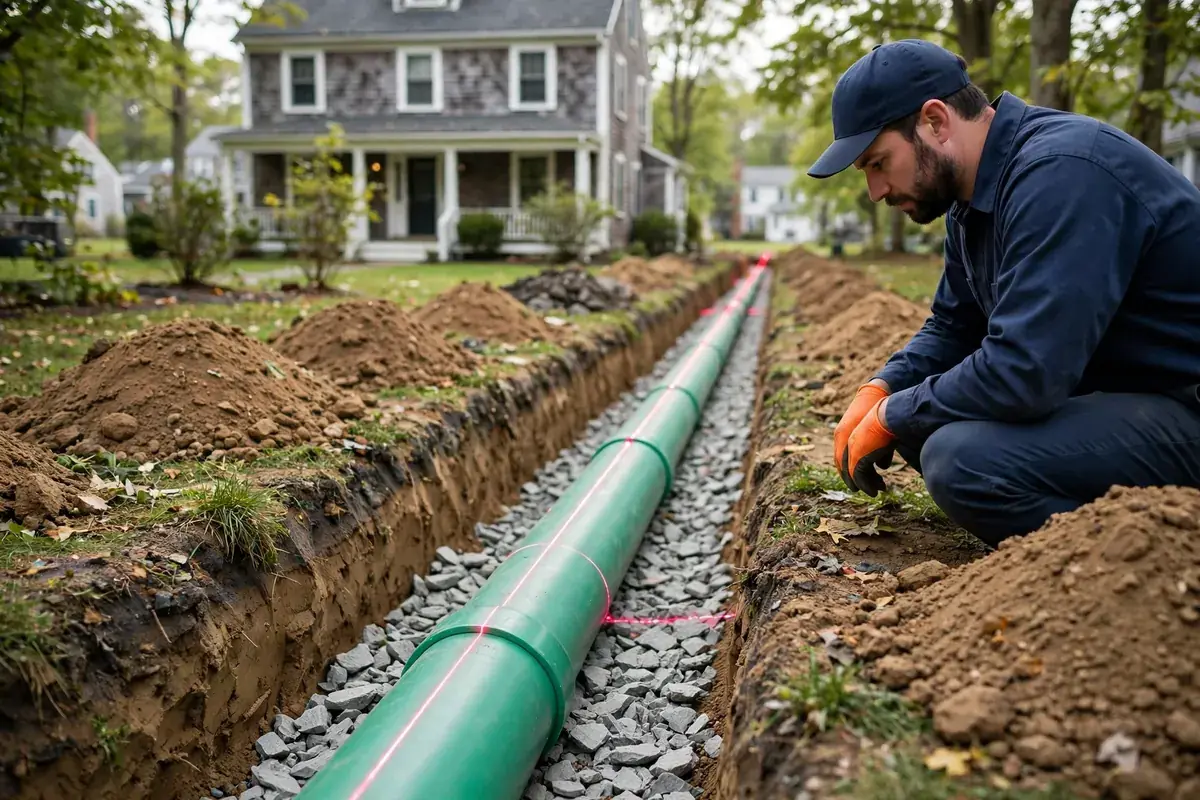 Technician checking the grade of a new green PVC sewer line on stone bedding with a laser