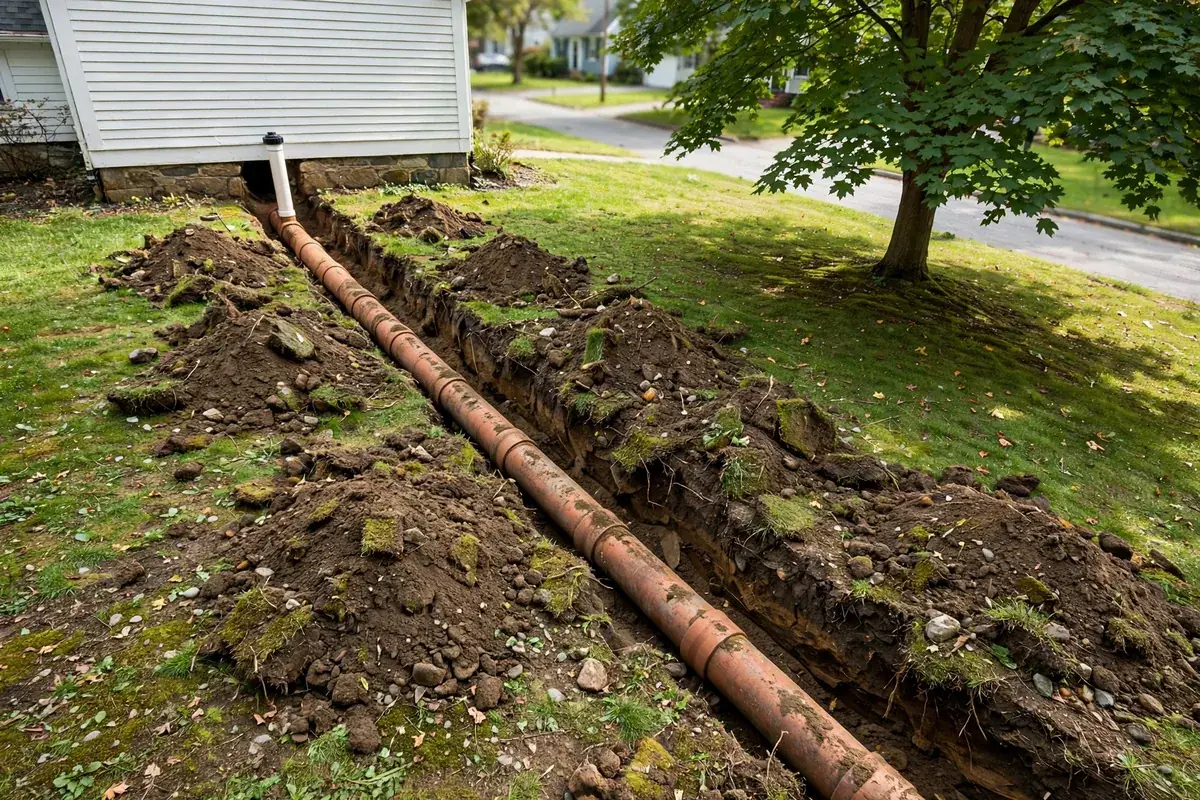 Trench exposing an old clay sewer lateral running from a house toward the street