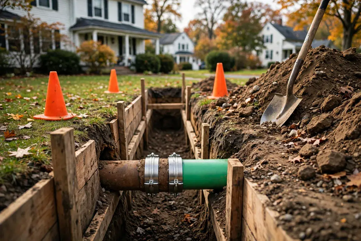 Spot repair in a shored trench with a new green PVC section joined to old pipe by shielded couplings