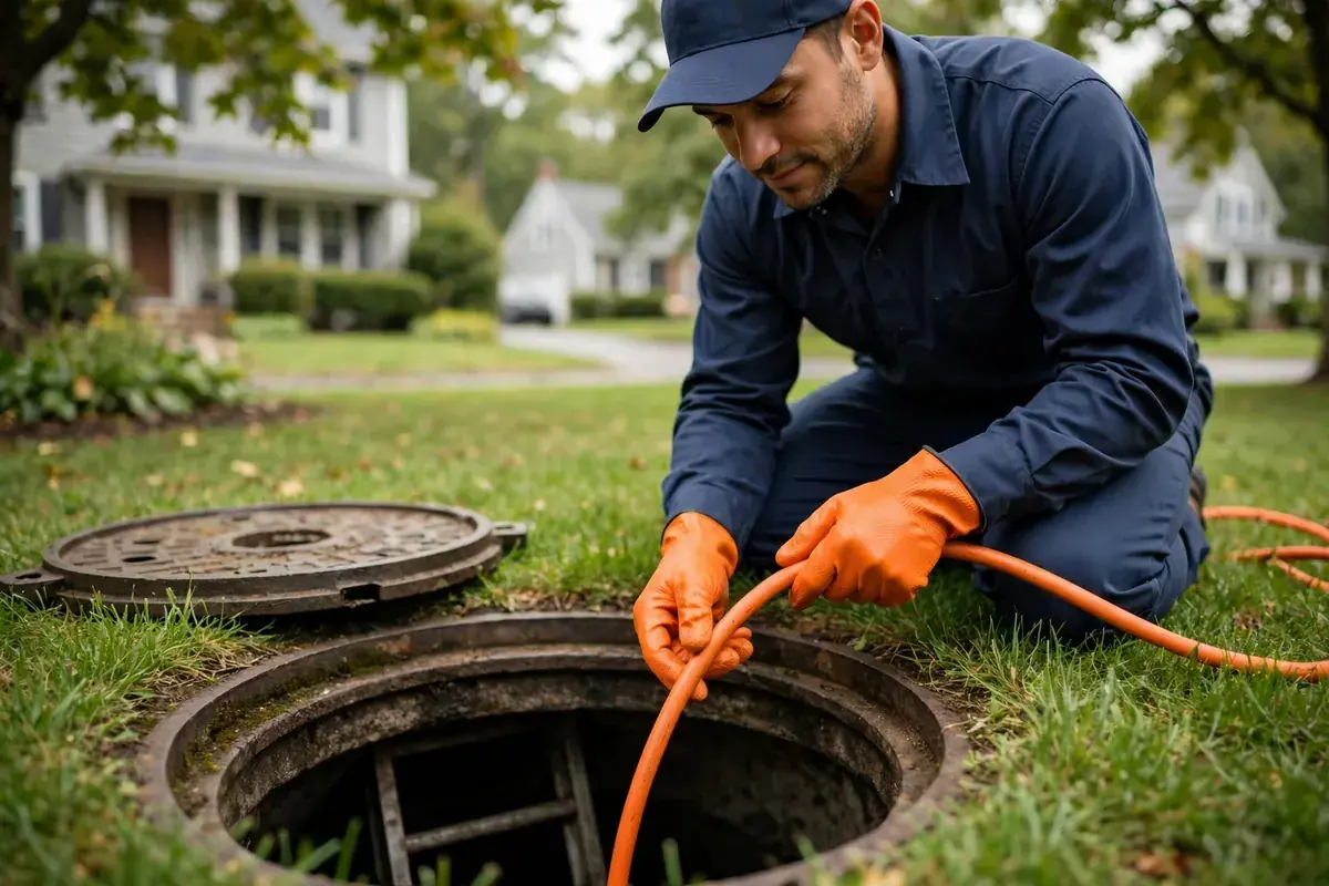 Technician in orange gloves feeding a camera cable into a sewer access point