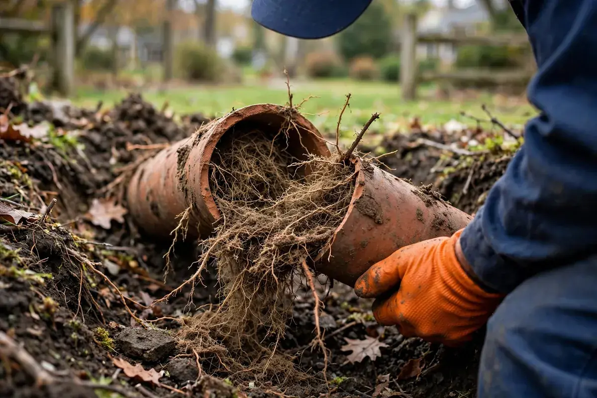 Gloved hand holding a broken clay sewer pipe packed with tree roots