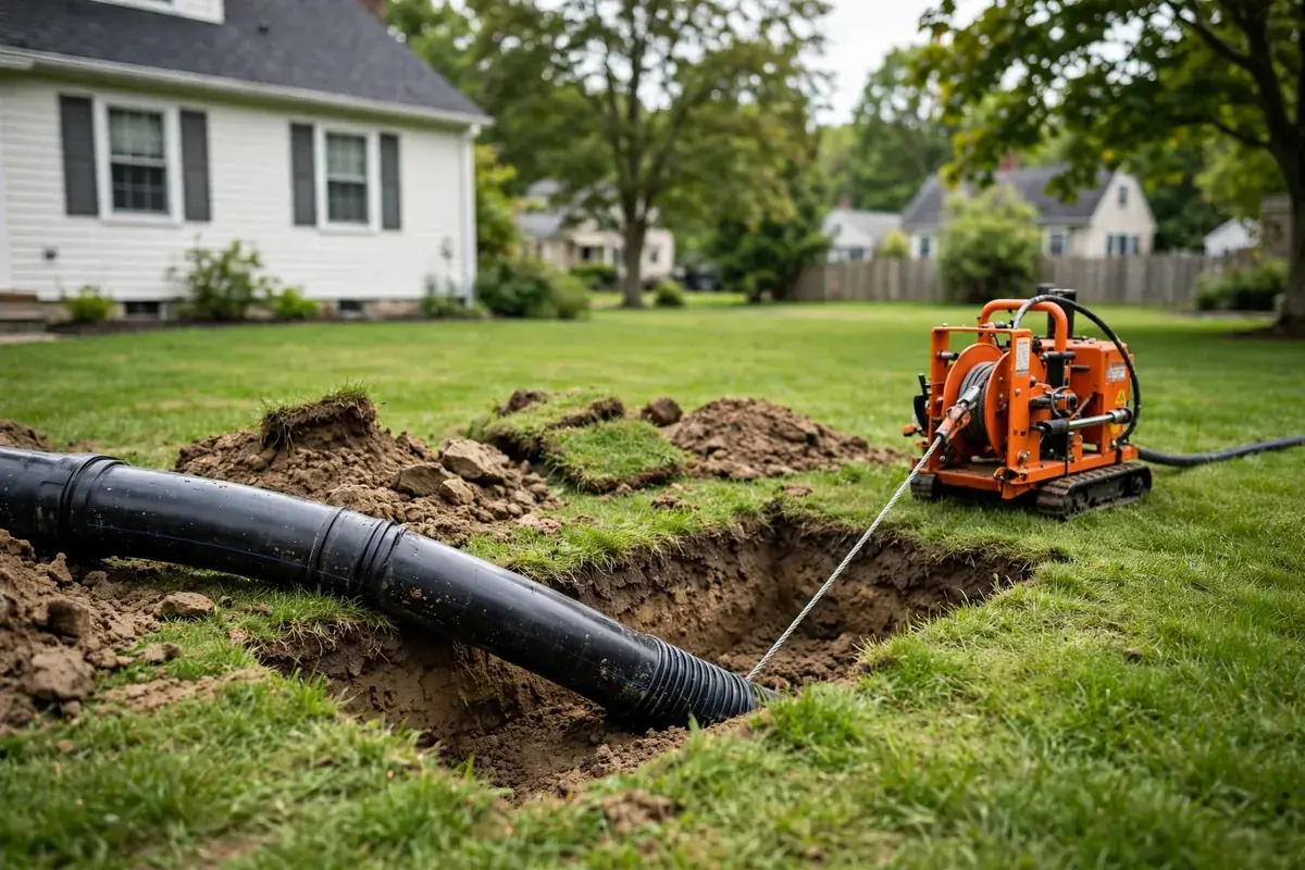 Pipe bursting machine pulling new black HDPE sewer pipe through a small pit in a lawn