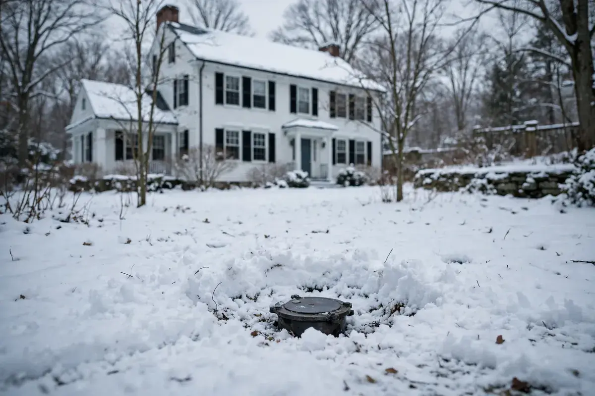 Sewer cleanout cap in a snow-covered yard of a New England colonial home